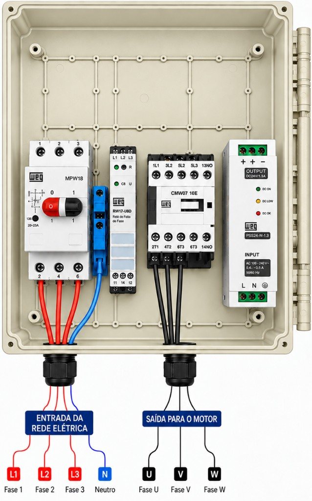 Interior da caixa branca BRX-FC100 com entrada da rede e saída para o motor